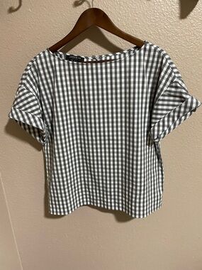 Lafayette 148 New York Gray and White Gingham Short Sleeve Blouse